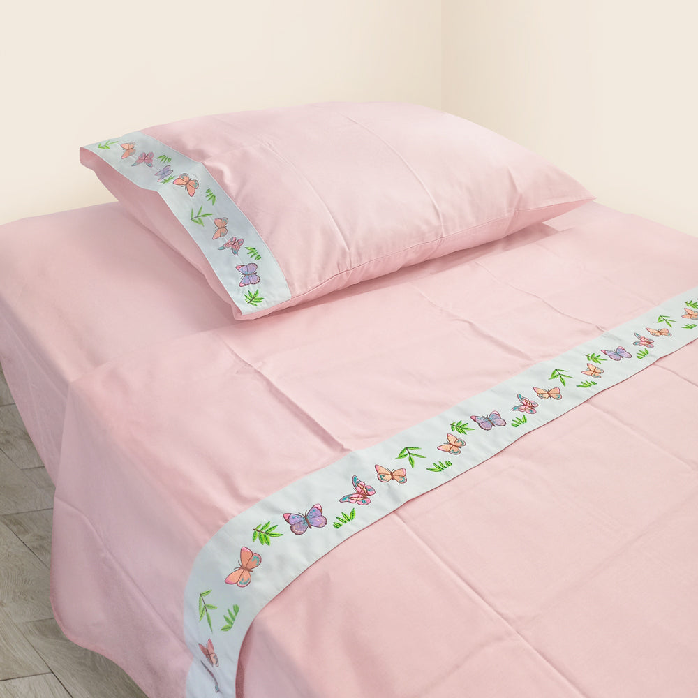 JUEGO DE SÁBANAS MARIPOSAS 100% ALGODÓN PERUANO 217H ROSADO