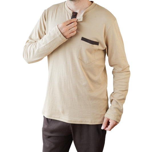 PIJAMA DE HOMBRE LAND (OTOÑO-INVIERNO) BEIGE CON PANTALÓN MARRÓN