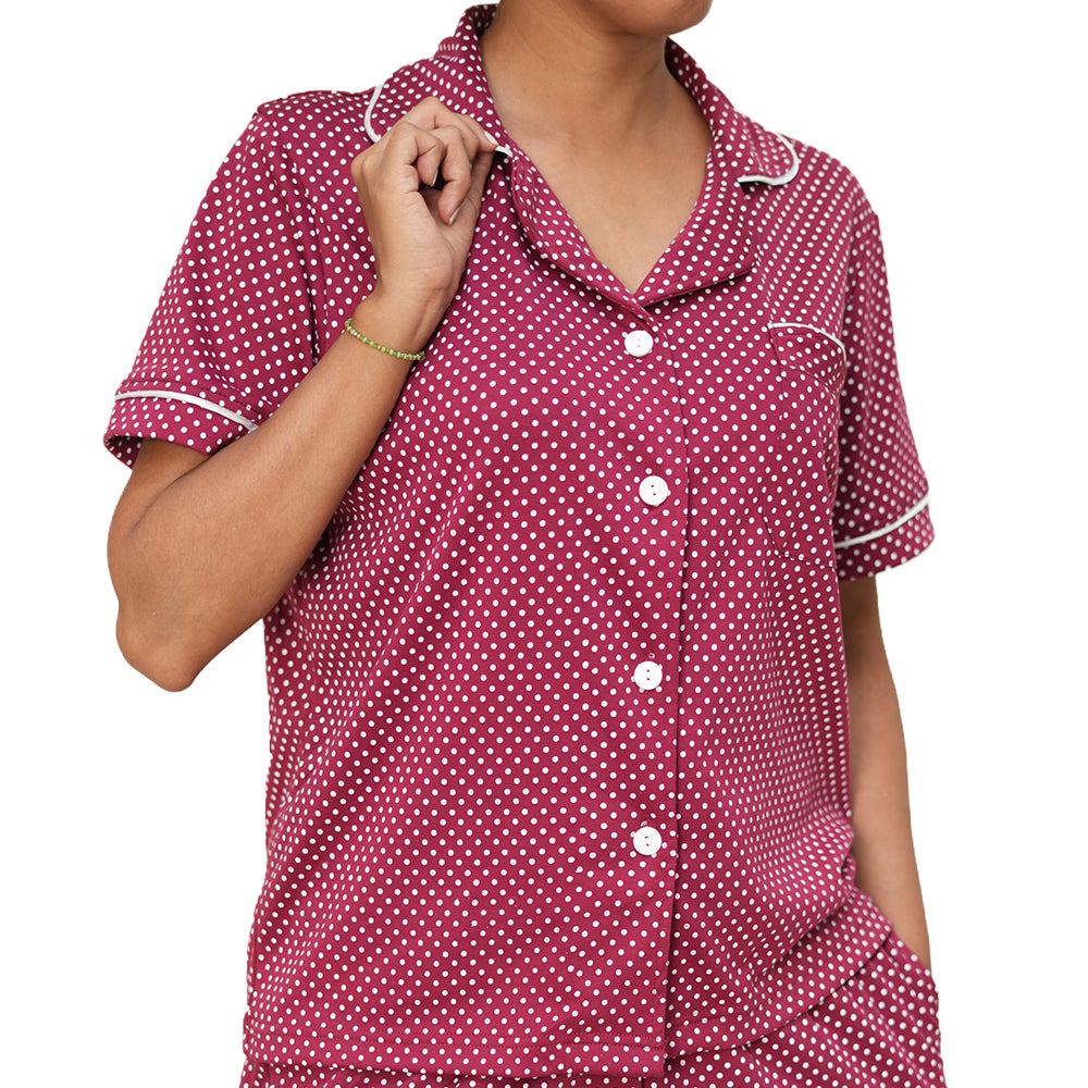 PIJAMA DE MUJER PASSION (VERANO) ROJO CON LUNARES BLANCOS