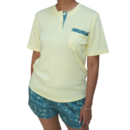 PIJAMA DE MUJER AMANCAE (VERANO) CREMA AMARILLO CON FLORES VERDES
