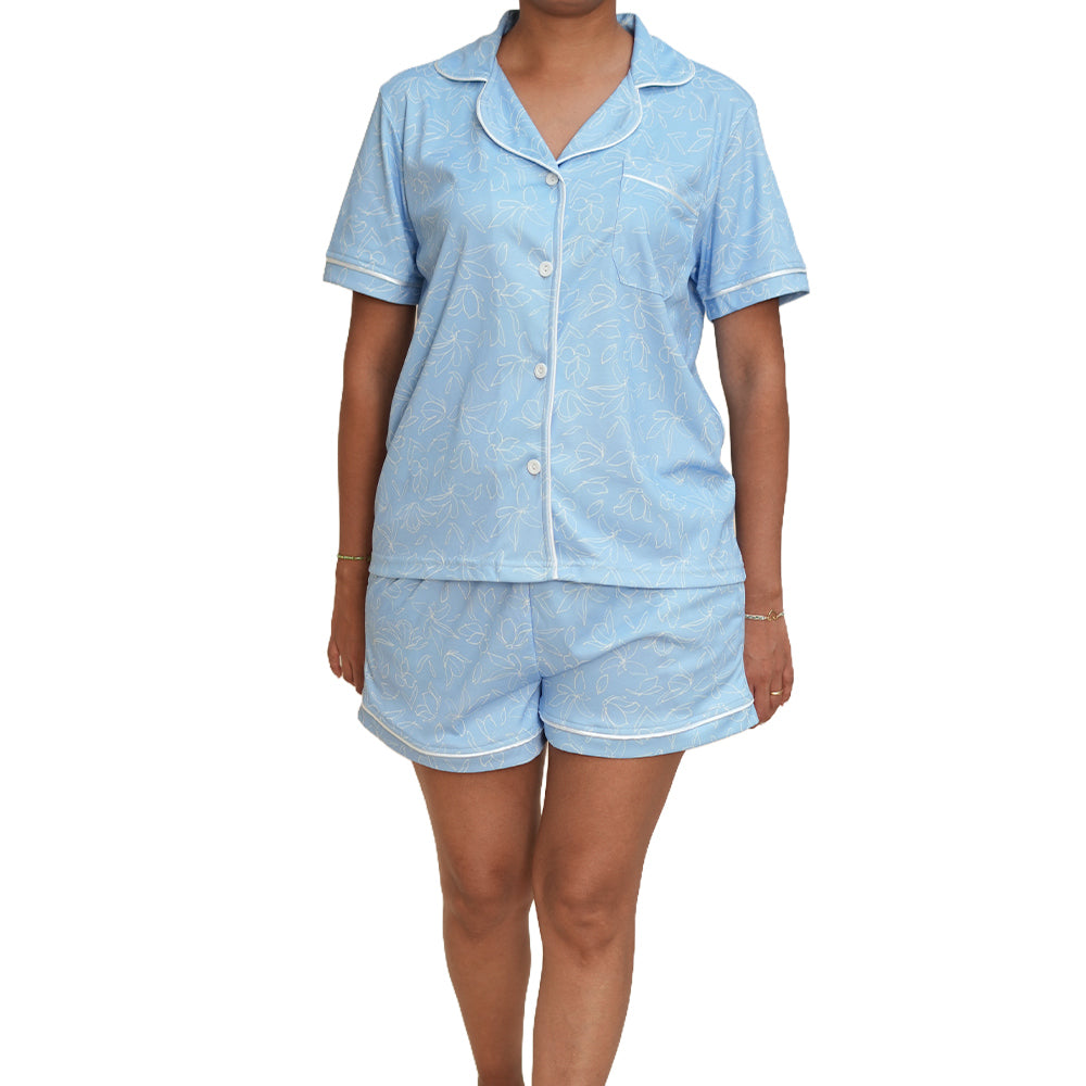 PIJAMA DE MUJER CIELO (VERANO) CELESTE CON FLORES BLANCAS