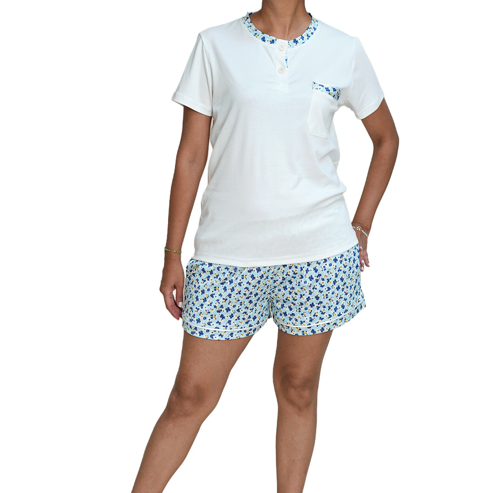 PIJAMA DE MUJER LISORIA (VERANO) CREMA CON SHORT DE FLORES AZULES