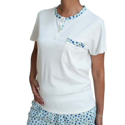 PIJAMA DE MUJER LISORIA (VERANO) CREMA CON SHORT DE FLORES AZULES