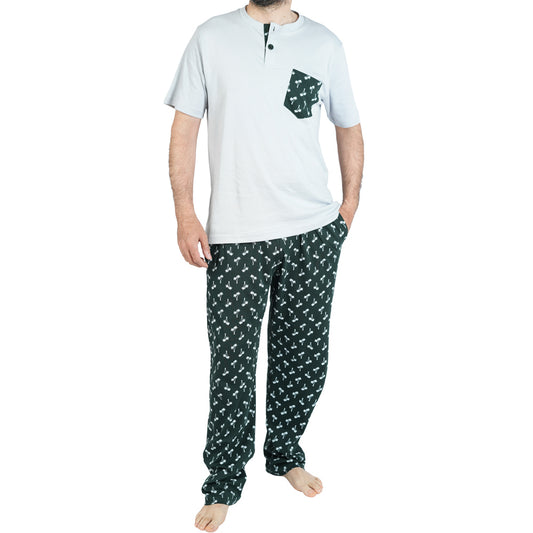 PIJAMA DE HOMBRE PALMERAS (PRIMAVERA - VERANO) GRIS CON VERDE OSCURO