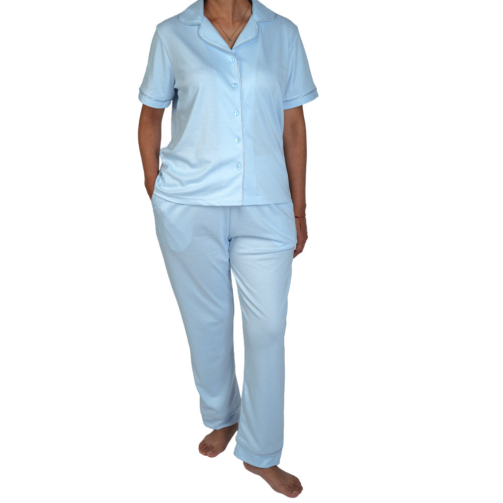 PIJAMA DE MUJER BRISSA (PRIMAVERA - VERANO) CELESTE CON RAYAS DELGADAS