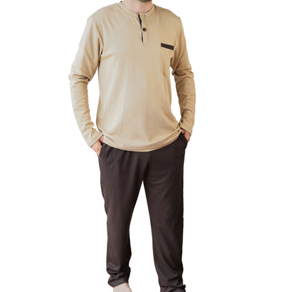 PIJAMA DE HOMBRE LAND (OTOÑO-INVIERNO) BEIGE CON PANTALÓN MARRÓN