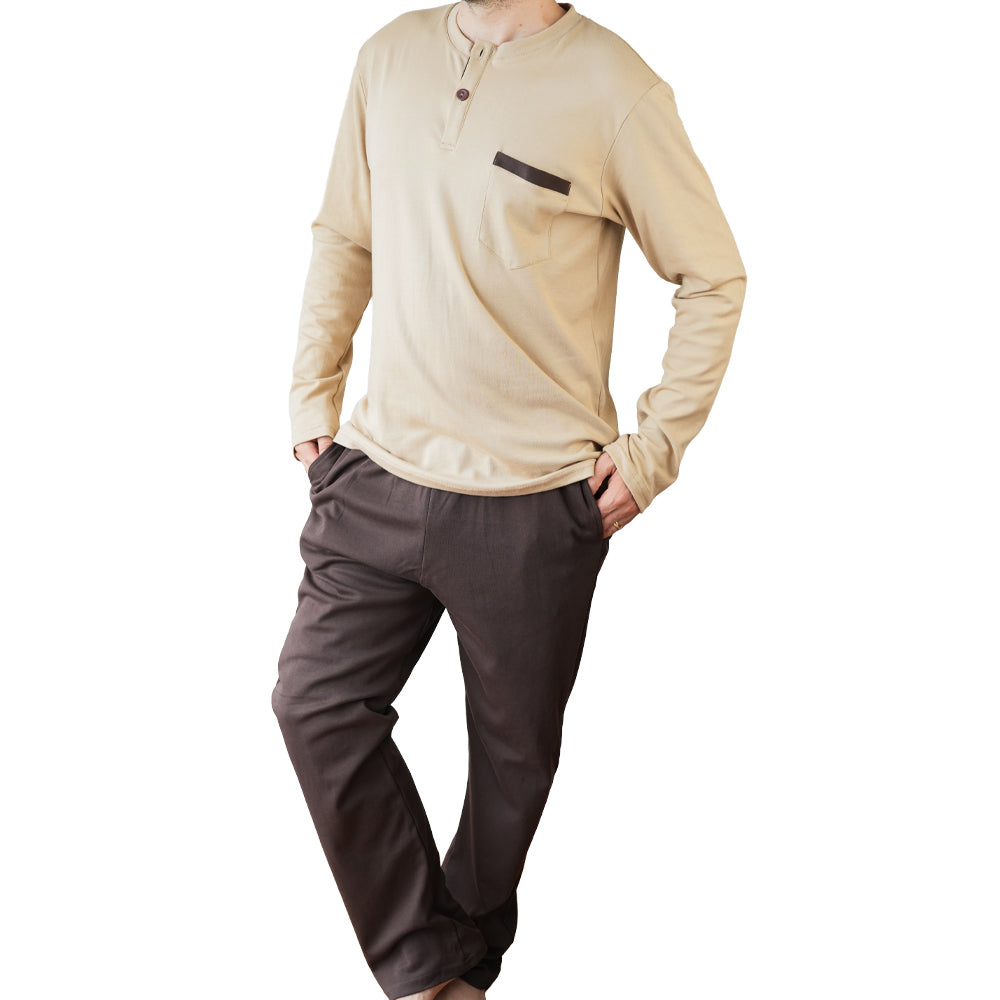 PIJAMA DE HOMBRE LAND (OTOÑO-INVIERNO) BEIGE CON PANTALÓN MARRÓN
