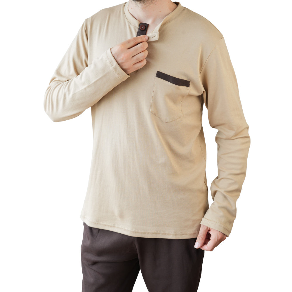 PIJAMA DE HOMBRE LAND (OTOÑO-INVIERNO) BEIGE CON PANTALÓN MARRÓN