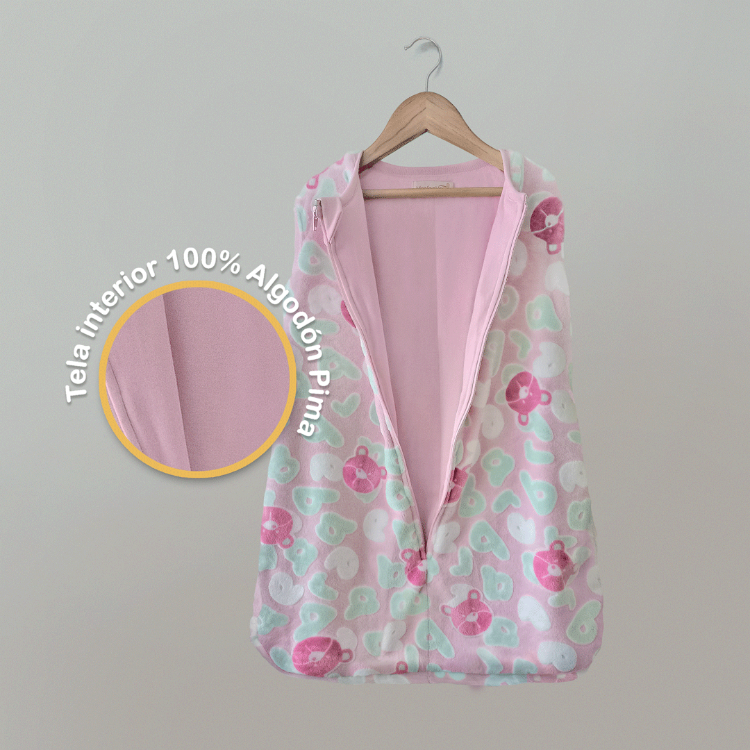 SAQUITO DE DORMIR CERRADO PARA OTOÑO - INVIERNO (TALLA S) – ROSADO LETRAS